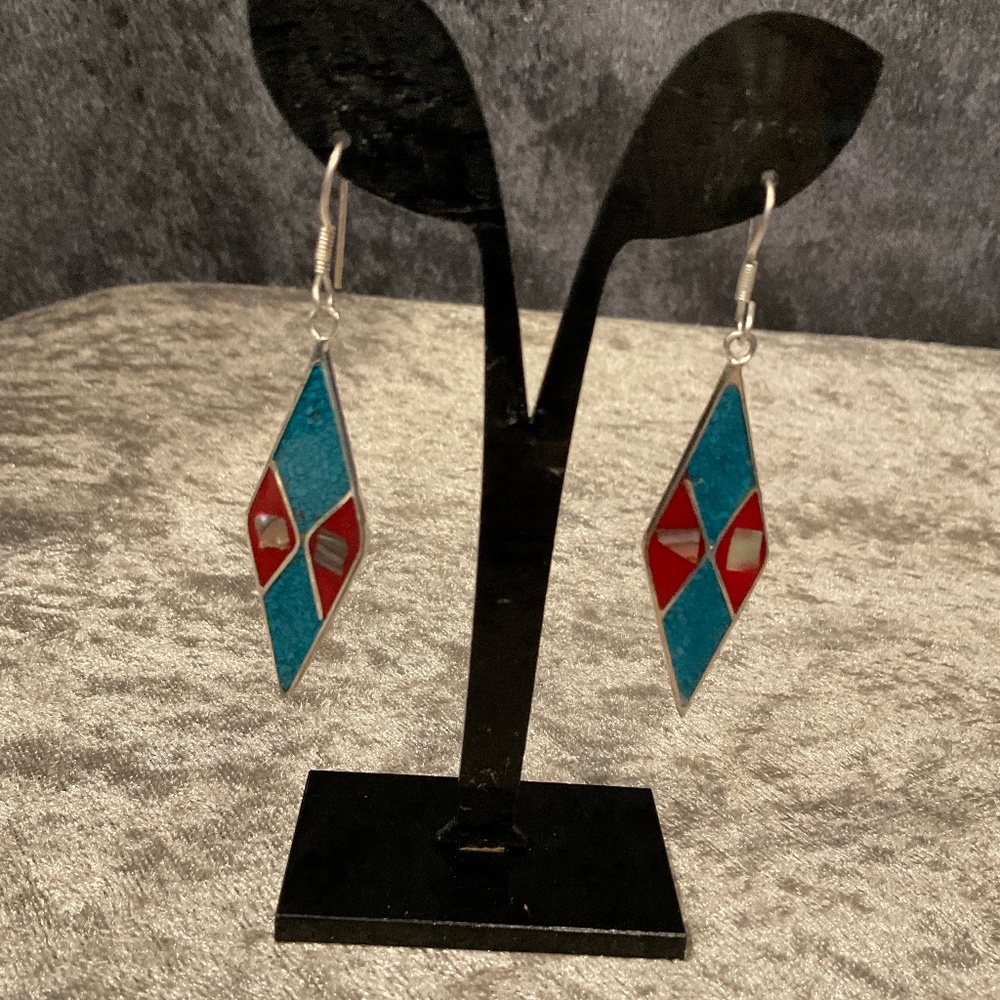 Vintage Blue and Red Turquoise and Silver Pierced Earrings